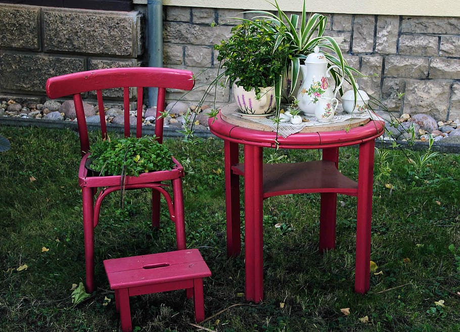 table, chair, red, romance, flower, seat, plant, empty, no people HD wallpaper