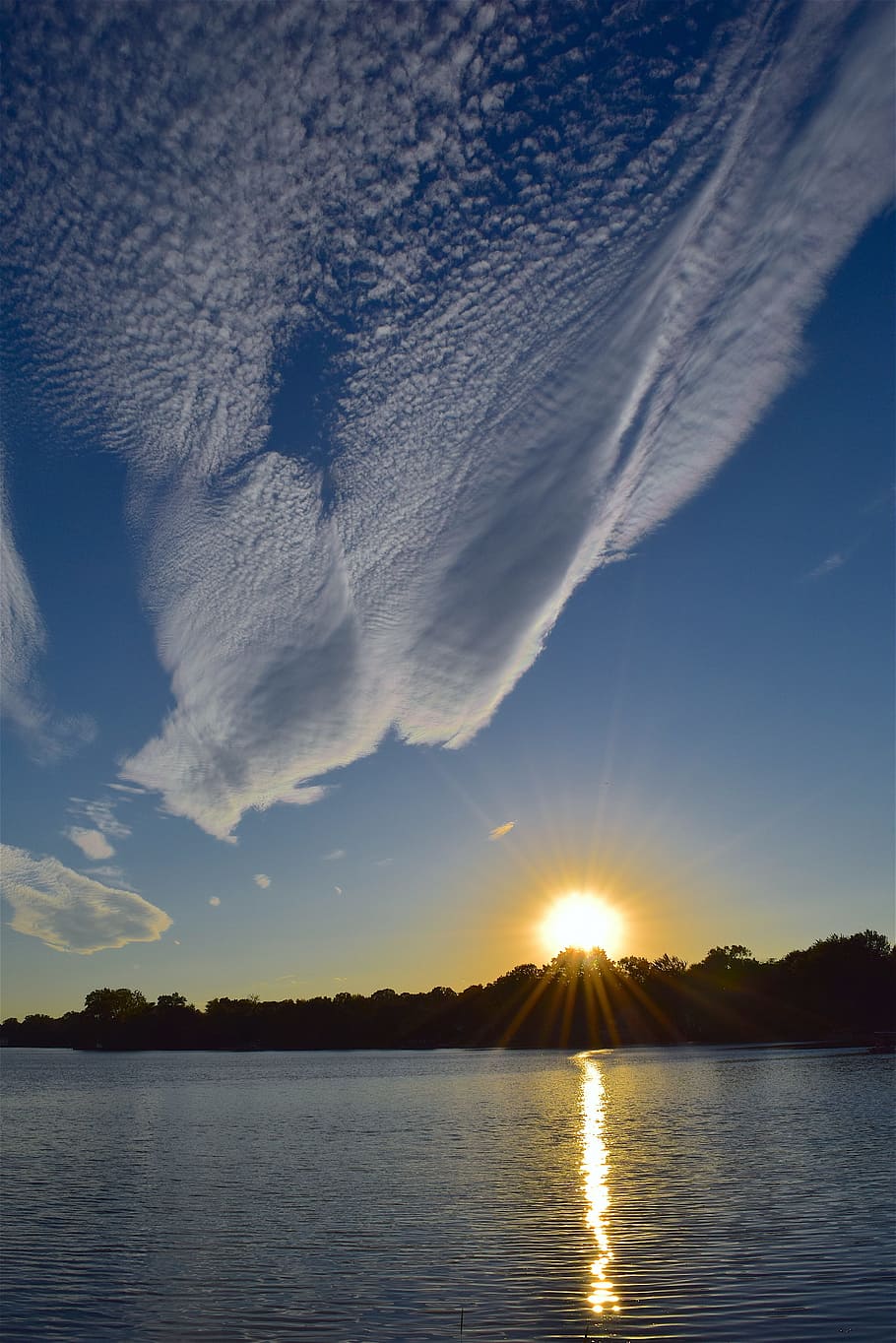 sunset, clouds, sky, lake, water, reflection, nature, blue HD wallpaper