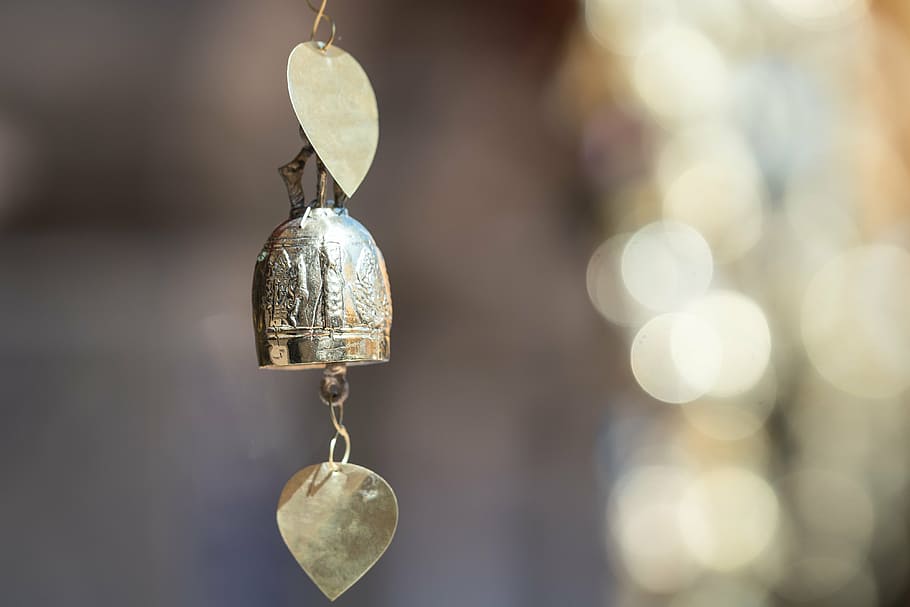 closeup photo of silver-colored accessory, bell, religion, dream HD wallpaper