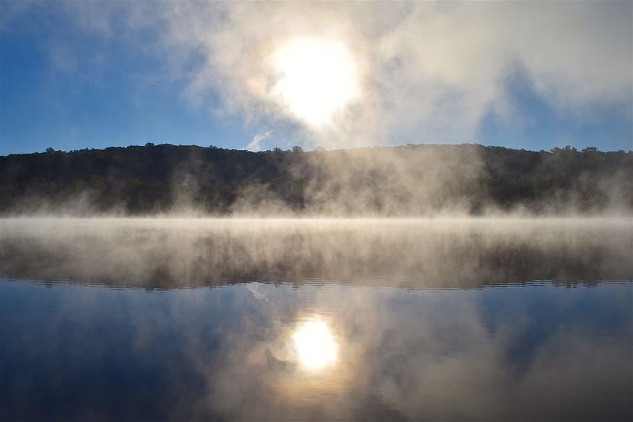 sun, mist, lake, water, mountain, trees, nature, landscape HD wallpaper