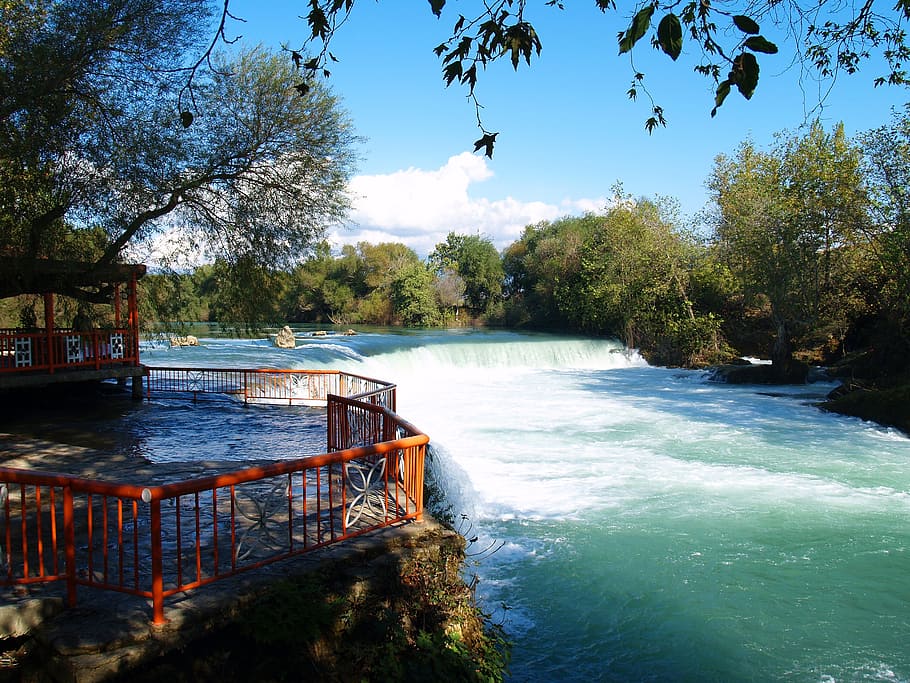 river near trees and terrace during daytime, water, waterfall HD wallpaper