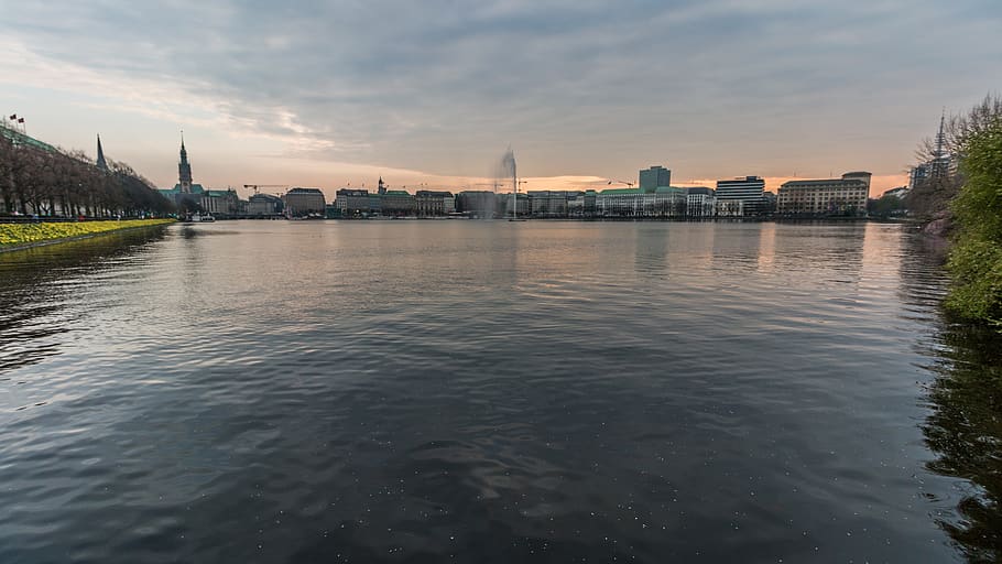 waters, river, reflection, panorama, bridge, alster, hamburg HD wallpaper