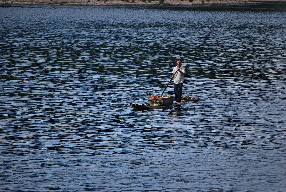 Boat, Man, Navigate, Bamboo, Craft, transportation, water, river HD wallpaper