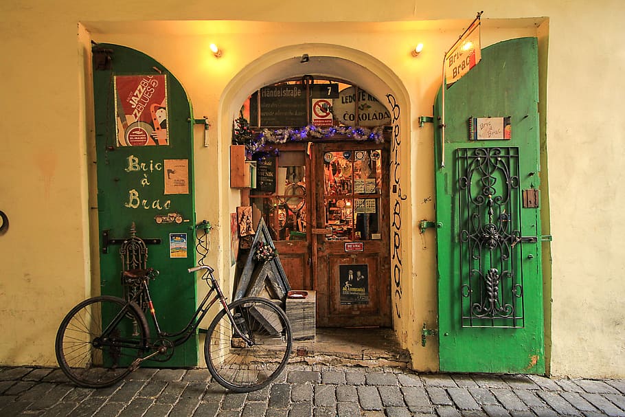 black bicycle beside wooden door, travel, architecture, street, HD wallpaper