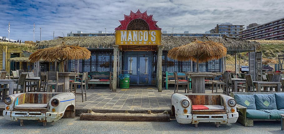 tiki motif Mango's storefront, Bar, Beach, Holland, Water, beach bar