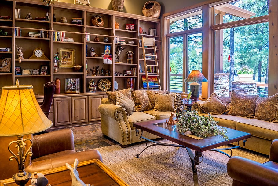 brown sofa near window, interior, living room, living room interior