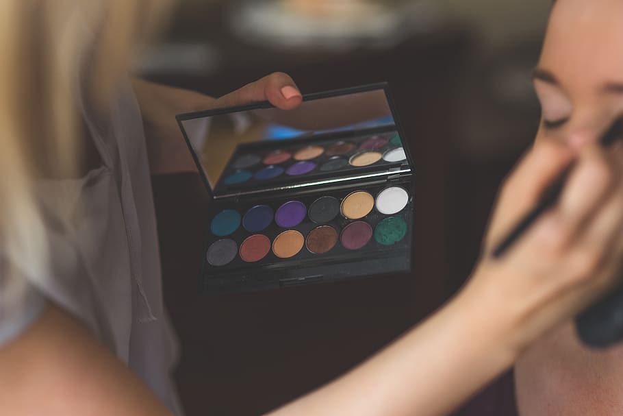 woman in white top holding make-up palette, makeup, make up HD wallpaper