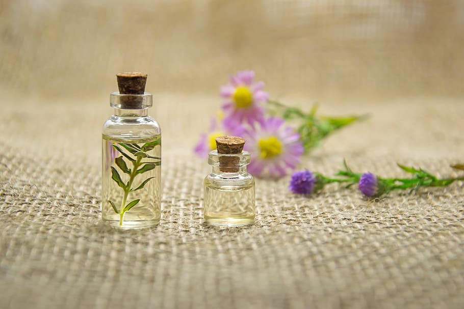 Two Clear Glass Bottles With Liquids, aromatherapy, close-up HD wallpaper