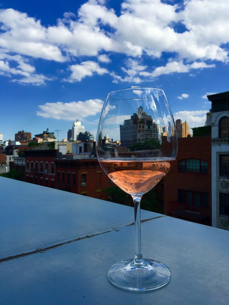 Rooftop, Wine, New York, cloud - sky, alcohol, drink, drinking glass HD wallpaper