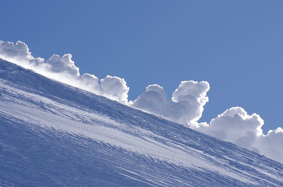 winter, volcano, slope, steam release, frost, snow, snowdrifts, HD wallpaper