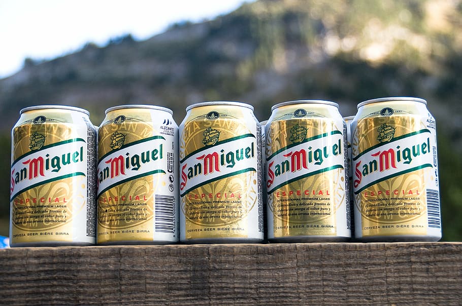 cans, beers, drink, san miguel, can of beer, in a row, food and drink, HD wallpaper