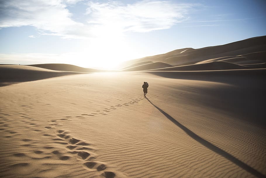 person walking on desert, person walking on dessert, Footprints