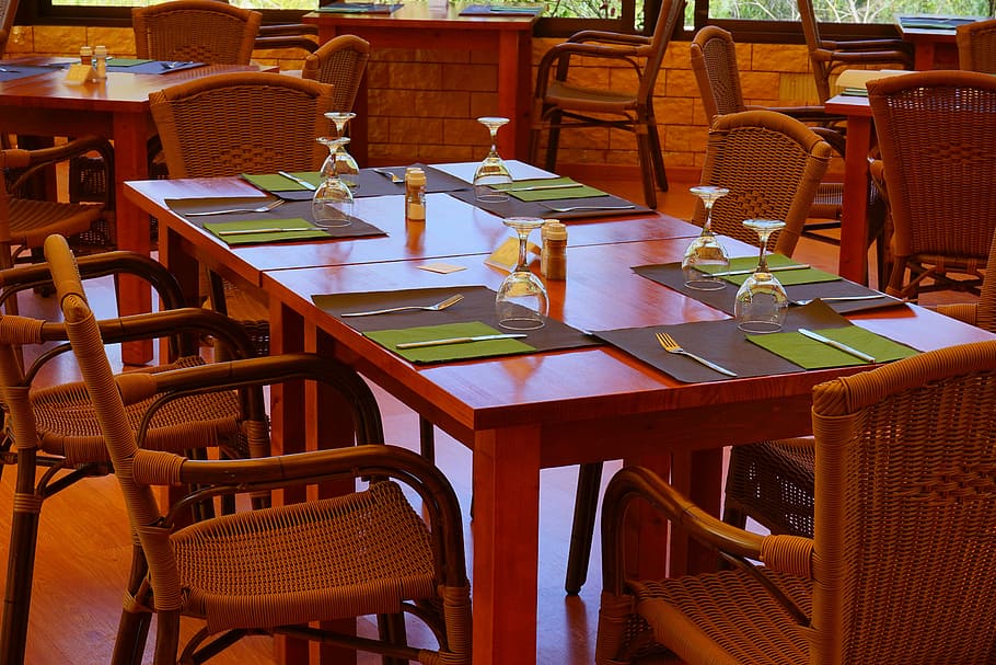 breakfast table, dinner table, covered, chairs, seat, empty HD wallpaper