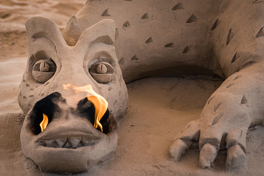 dragon, fire dragon, orange, sand, sand art, on fire, animal HD wallpaper