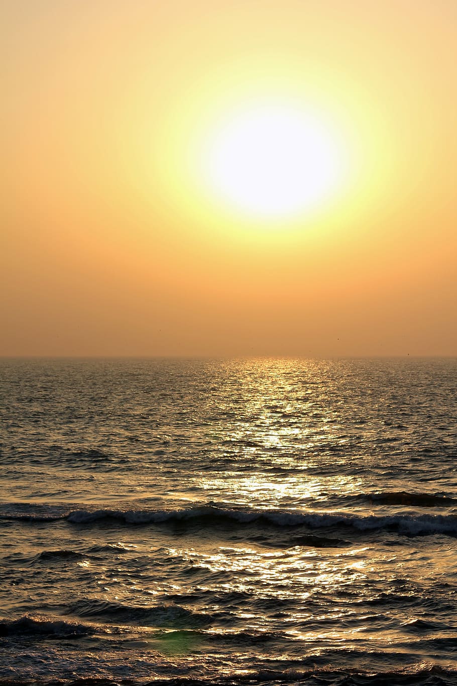 sunset, sea, waves, ocean, dusk, dawn, twilight, calm, water HD wallpaper
