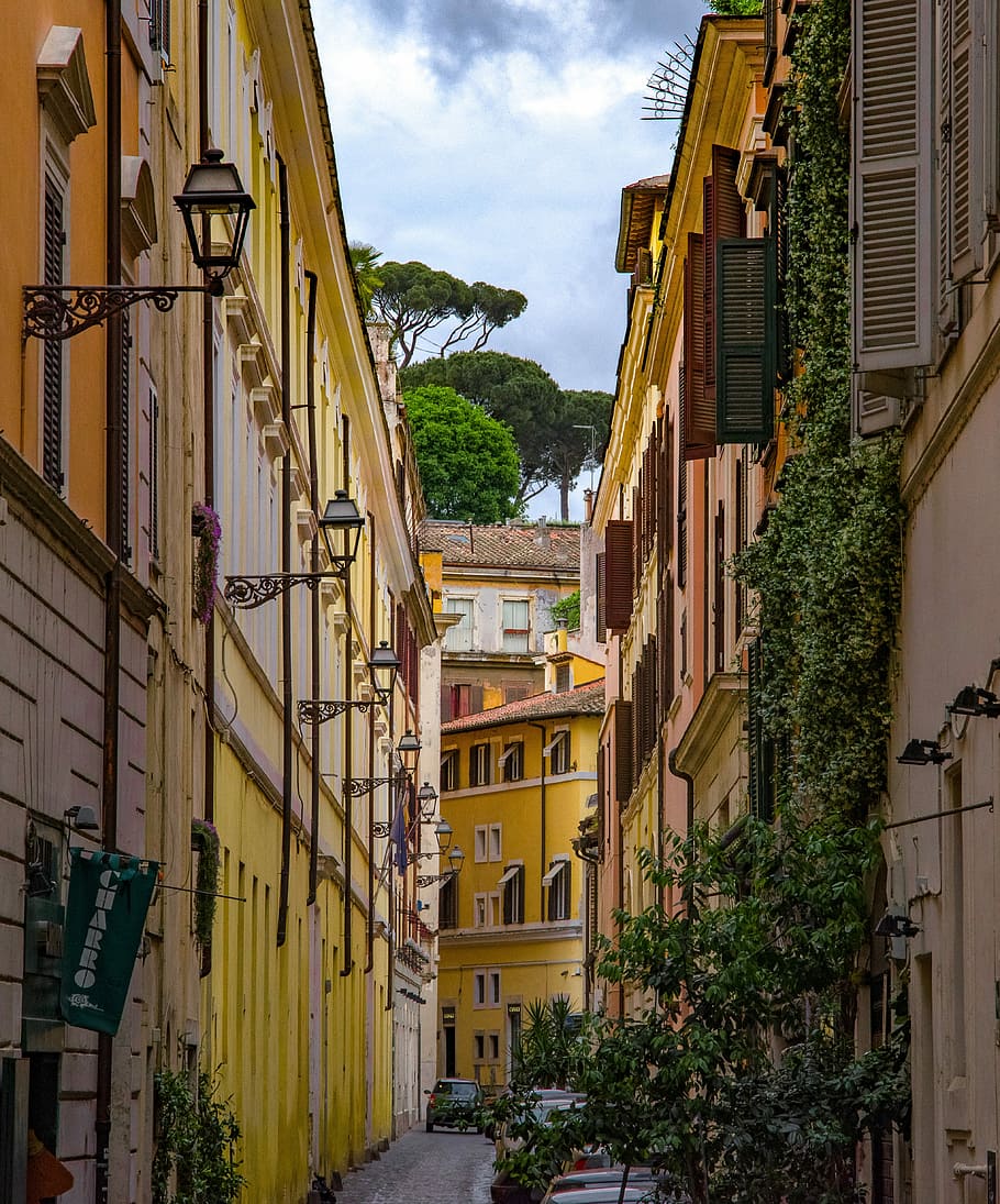 HD wallpaper: yellow houses, street, facade, people, building ...