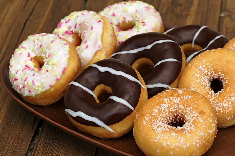nine donuts on brown tray, cake, food and drink, sweet food HD wallpaper