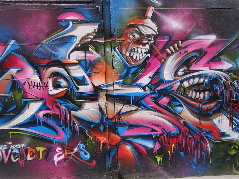 pink and blue wall artwork, graffiti, mural, melbourne, painting, HD wallpaper