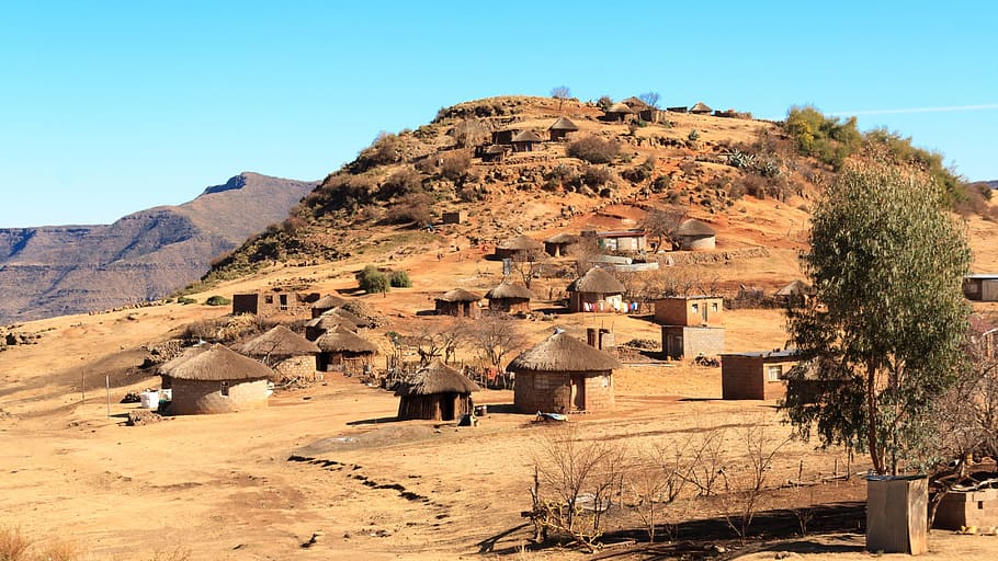 mountains, cabins, village, africa, lesotho, architecture, building exterior, HD wallpaper