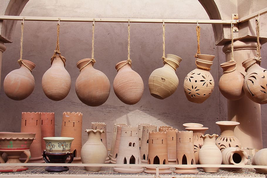 brown ceramic pots, nizwa, nizwa souq, market, oman, pottery, HD wallpaper
