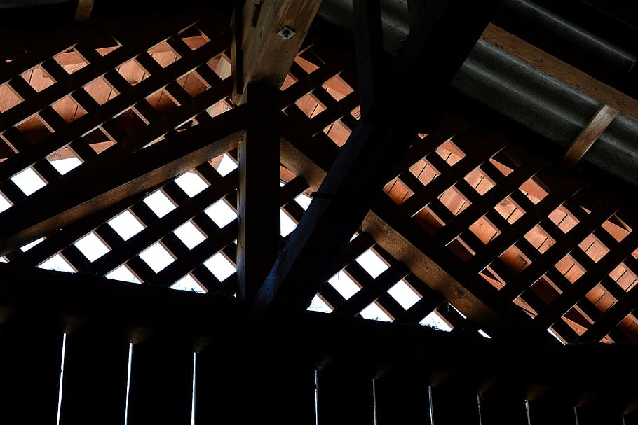 wood truss, holzgibel, wood lattice, roof truss, indoors, architecture, HD wallpaper