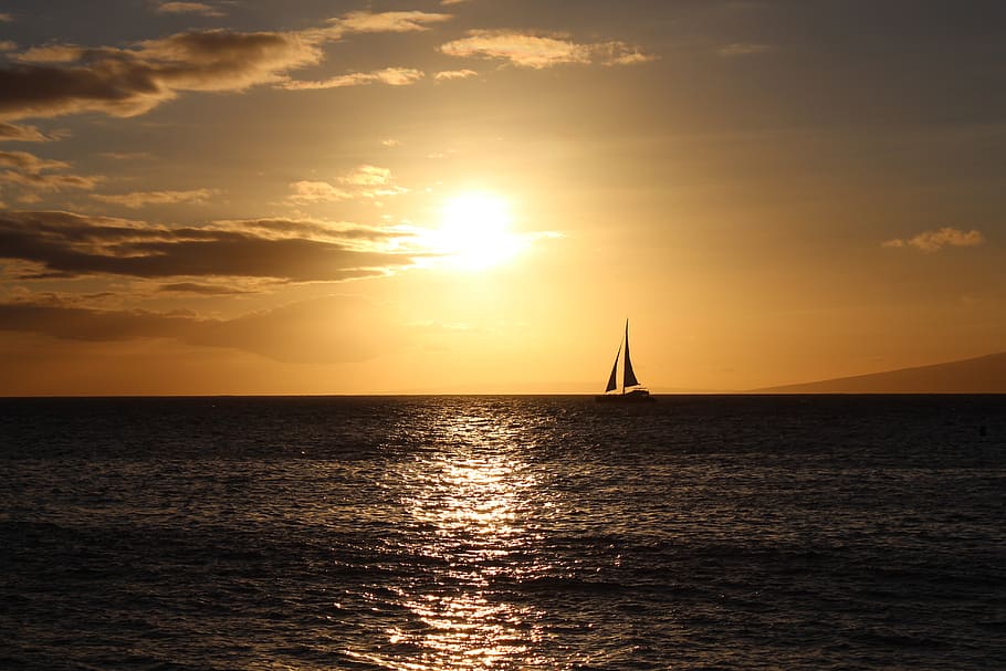 sunset, sail boat, vacation, water, sky, sea, beauty in nature HD wallpaper