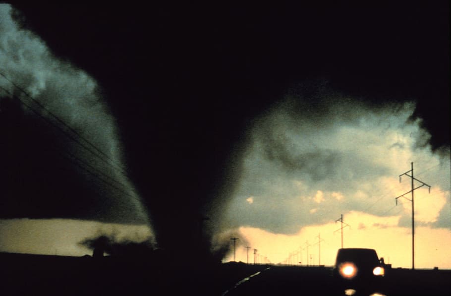 tornado on street, weather, storm, disaster, danger, cloud, twister