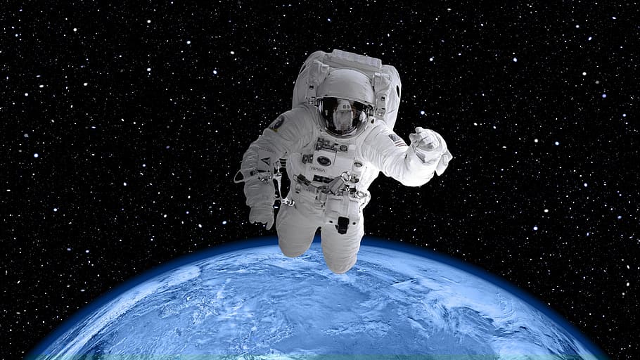 astronaut in suit outside planet Earth, space suit, world, globe