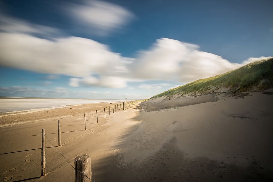 beach, sand, dune, wind, clouds, north sea, holland, cloud - sky HD wallpaper
