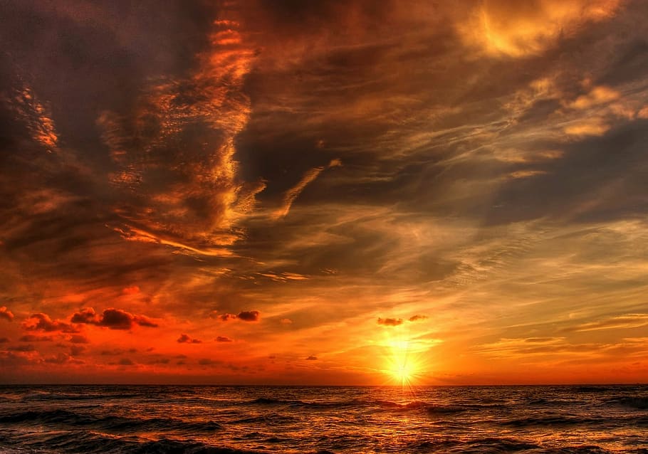 body of water across horizon, sun, denmark, summer, sunset HD wallpaper