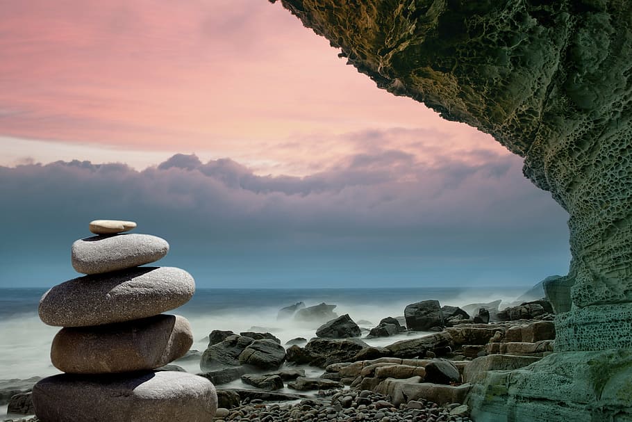 zen stone near rock formation and shore at daytime, feng shui, HD wallpaper