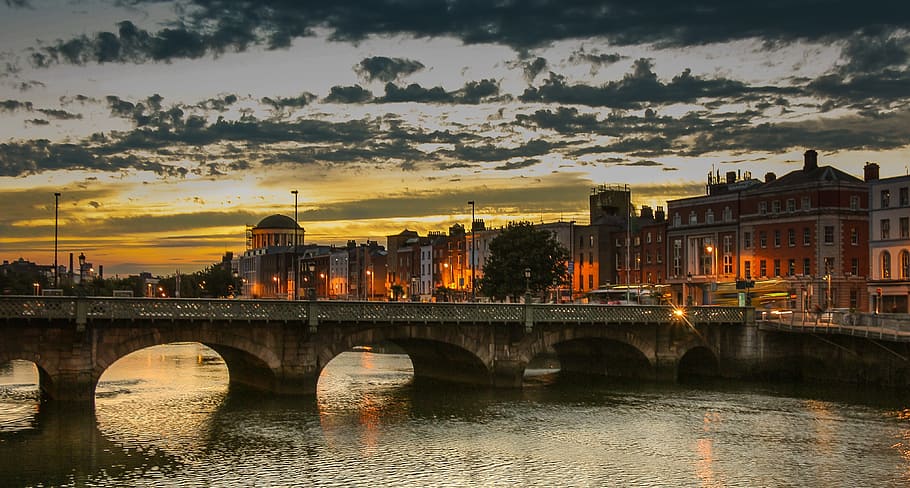 gray and brown concrete bridge under cloudy sky, Dublin, Ireland, HD wallpaper