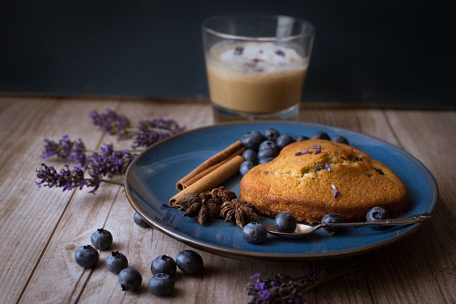pancake with grapes on blue ceramic plate, coffee, blueberries HD wallpaper