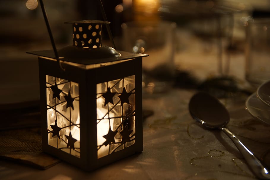 black lantern with lighted candle, christmas, dining table HD wallpaper