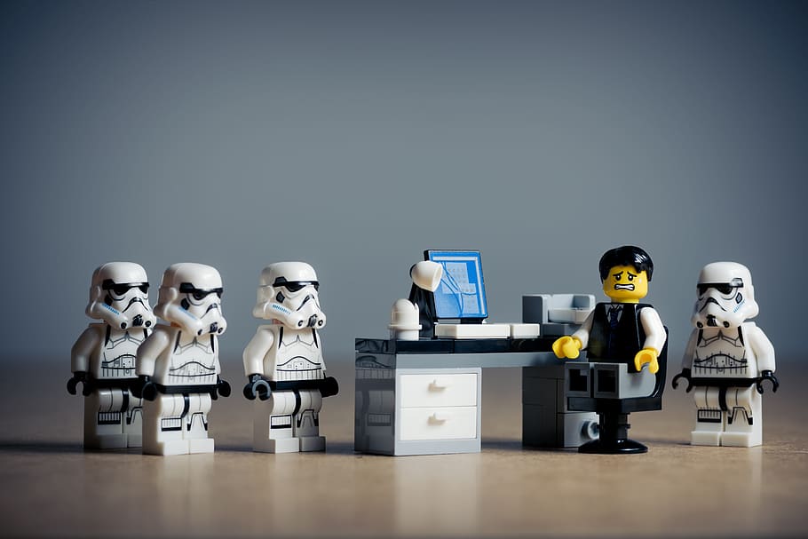 Star Wars Stormtrooper LEGO minifigs, office, people, situation