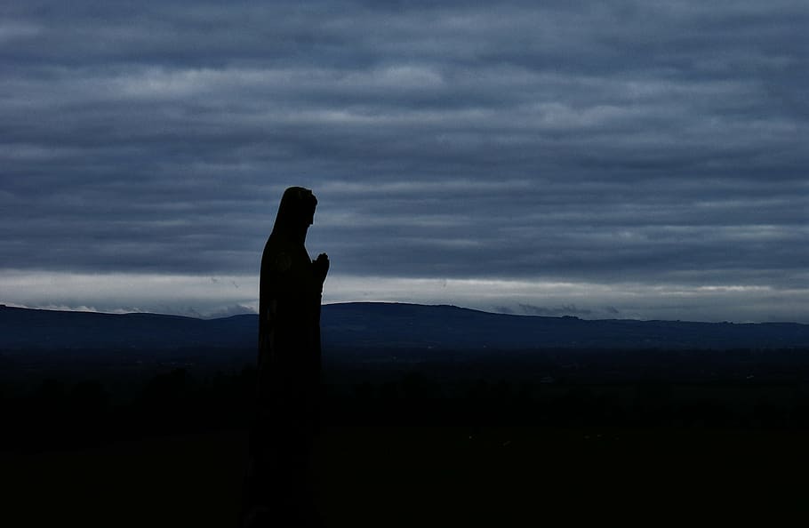 silhouette of statue near hill at dawn, virgin, mary, religion, HD wallpaper