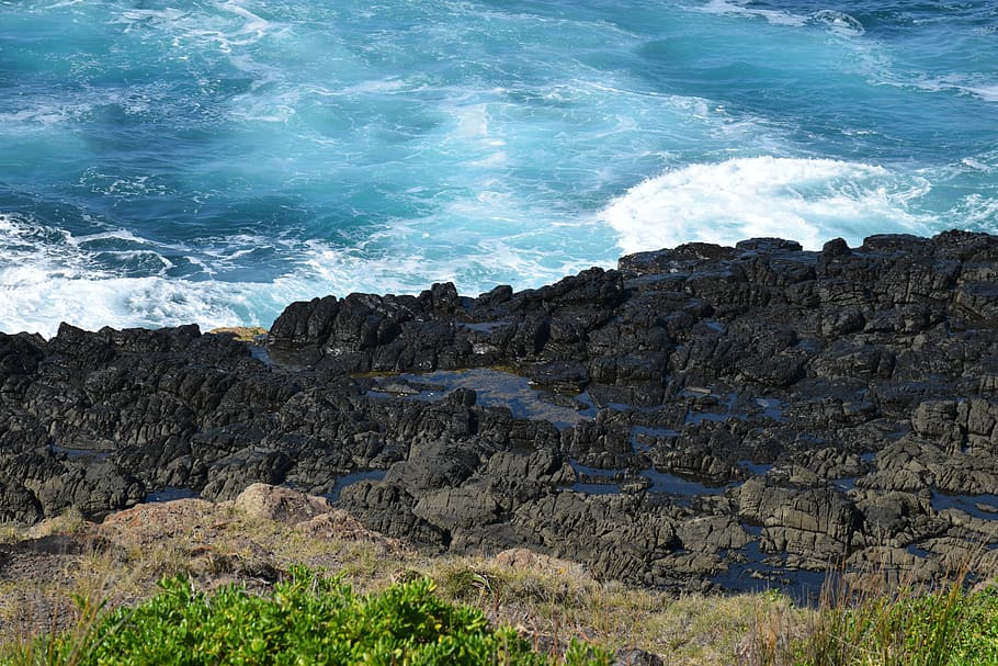 ocean, water, the waves, cliff, beach, rocks, landscape, the stones HD wallpaper