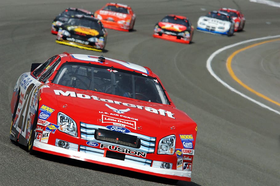 red stock cars on race track, Auto Racing, Nascar, Sport, speedway, HD wallpaper