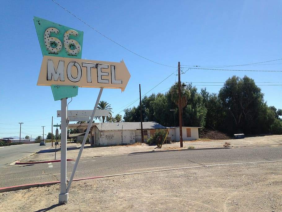 66 Motel signage near road, route 66, old, signpost, direction, HD wallpaper