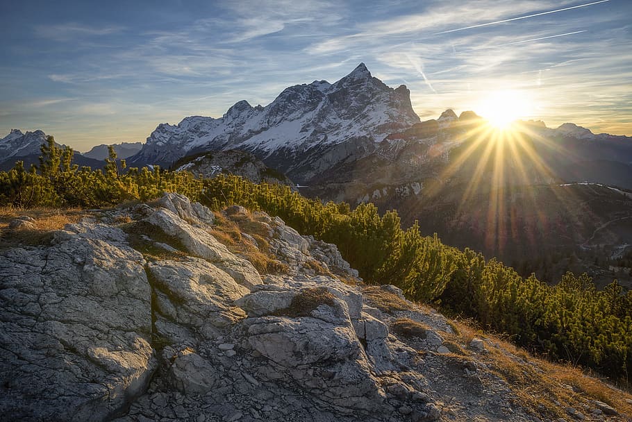 Snow Covered Mountain during Sunrise, bright, clouds, cold, dawn HD wallpaper