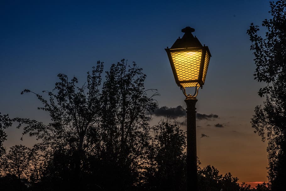 silhouette photography of lighted post lamp, Sunset, Street Lamp