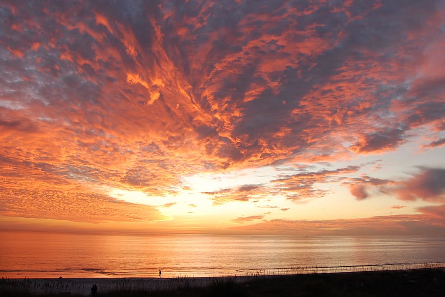 silhouette of shore during sunset, florida, clouds, sky, ocean HD wallpaper