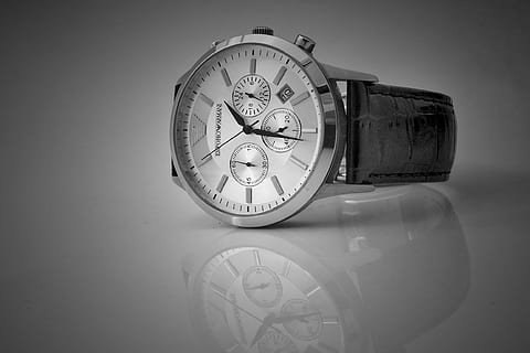 round silver-colored chronograph watch with black leather strap displaying 1:30 time HD wallpaper