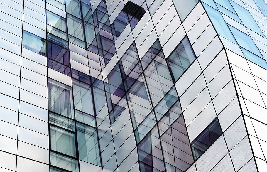 closeup photography of glass window building, low angle photography of white and blue curtain wall high-rise building HD wallpaper
