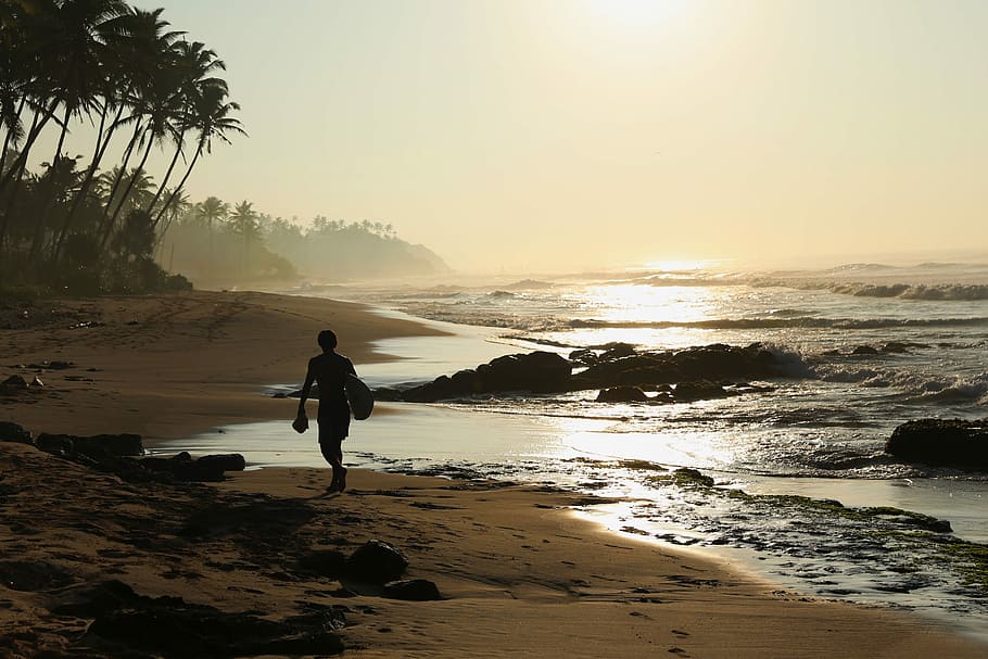 silhouette of person walking on seashore, male surfer walking on seashore HD wallpaper