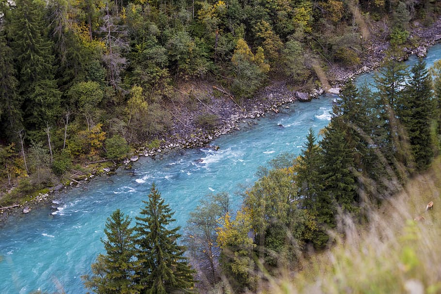 river, nature, landscape, water, alpine, forest, mountains HD wallpaper