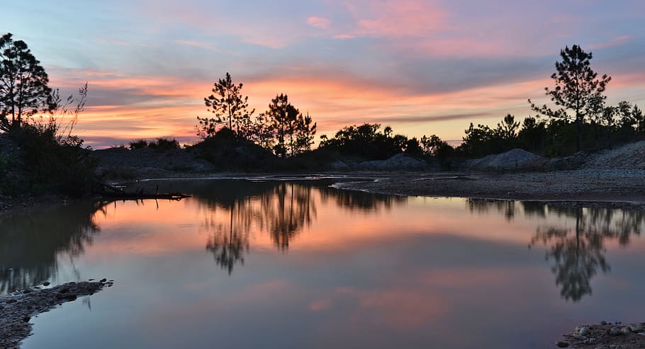 water, sunset, reflection, dusk, nature, lake, landscape sky, HD wallpaper