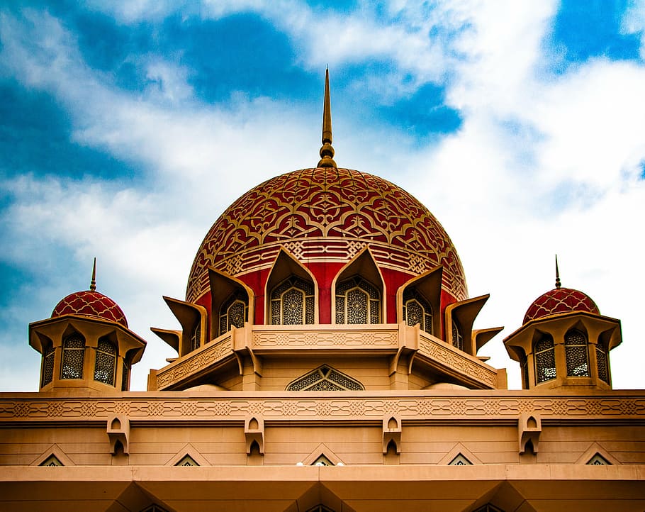 gold and maroon mosque, putrajaya, malaysia, islamic, landmark