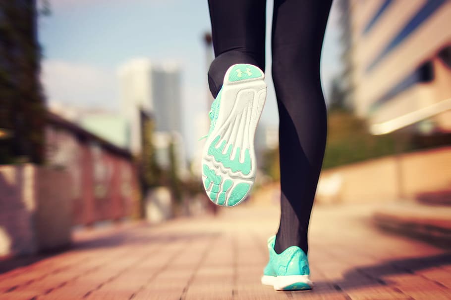woman jogging while in blue and white shoes, running, exercising, HD wallpaper