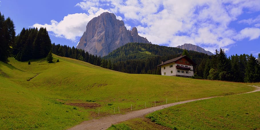 dolomites, trail, mountain, landscape, hiking, house, clouds HD wallpaper